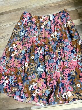 Talbots Floral Paint-Splash Midi Skirt in Pink, Blue & Brown